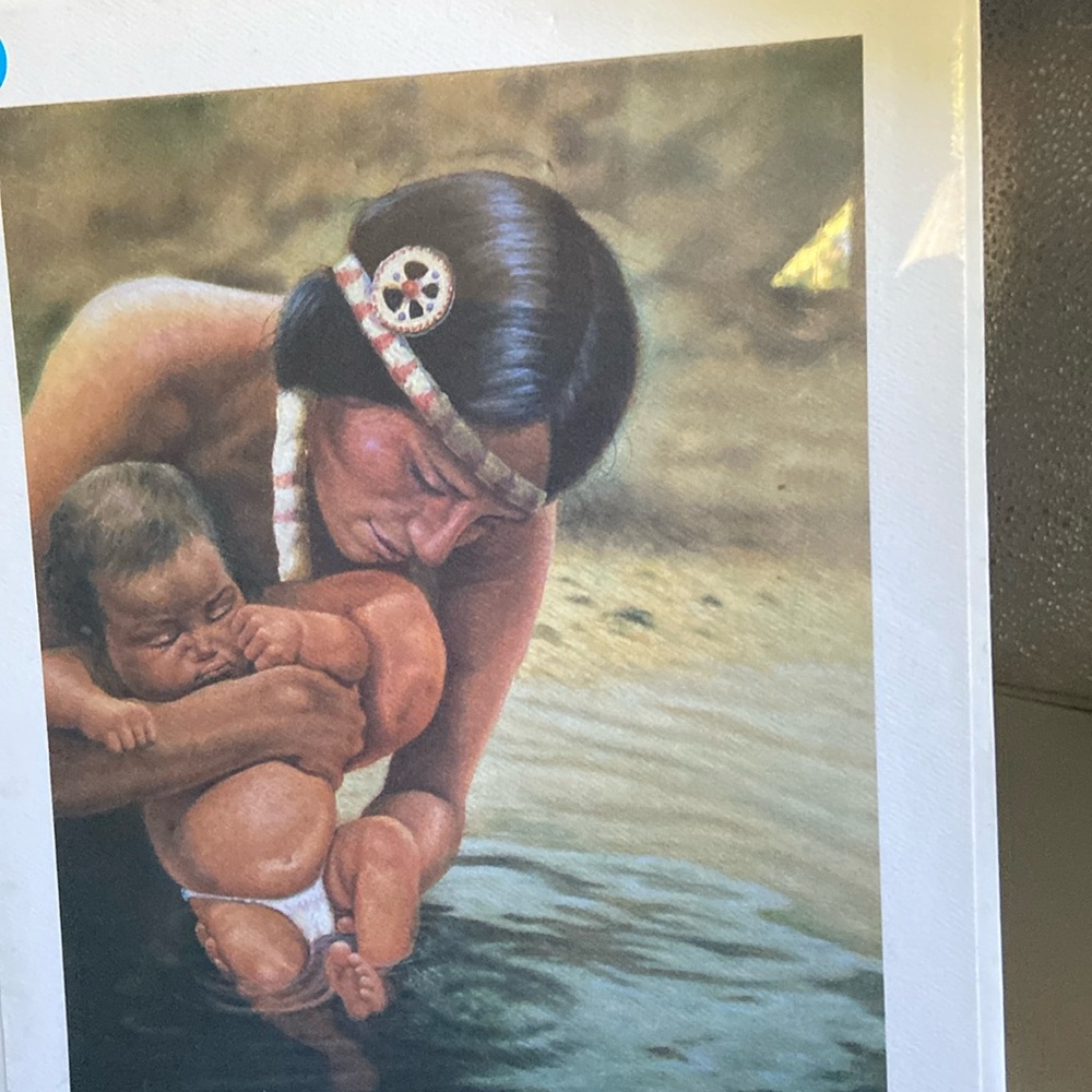 Gregory Perillo artist print & poem American Indian mother washing baby